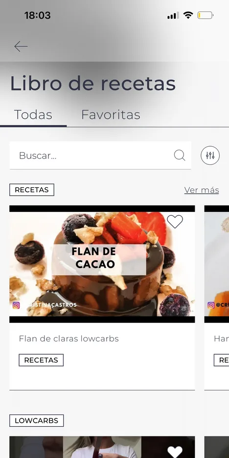 Libro de recetas de la app, con buscador, favoritas y las recetas grabadas en vídeo