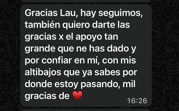 Mensaje de una clienta dando las gracias por el apoyo del equipo en un momento difícil
