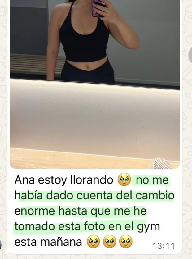 Mensaje de una clienta con una foto suya en el gimnasio: “estoy llorando, no me había dado cuenta del cambio”.