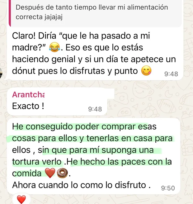 Mensaje de una clienta contando que su familia nota el cambio en cómo come.